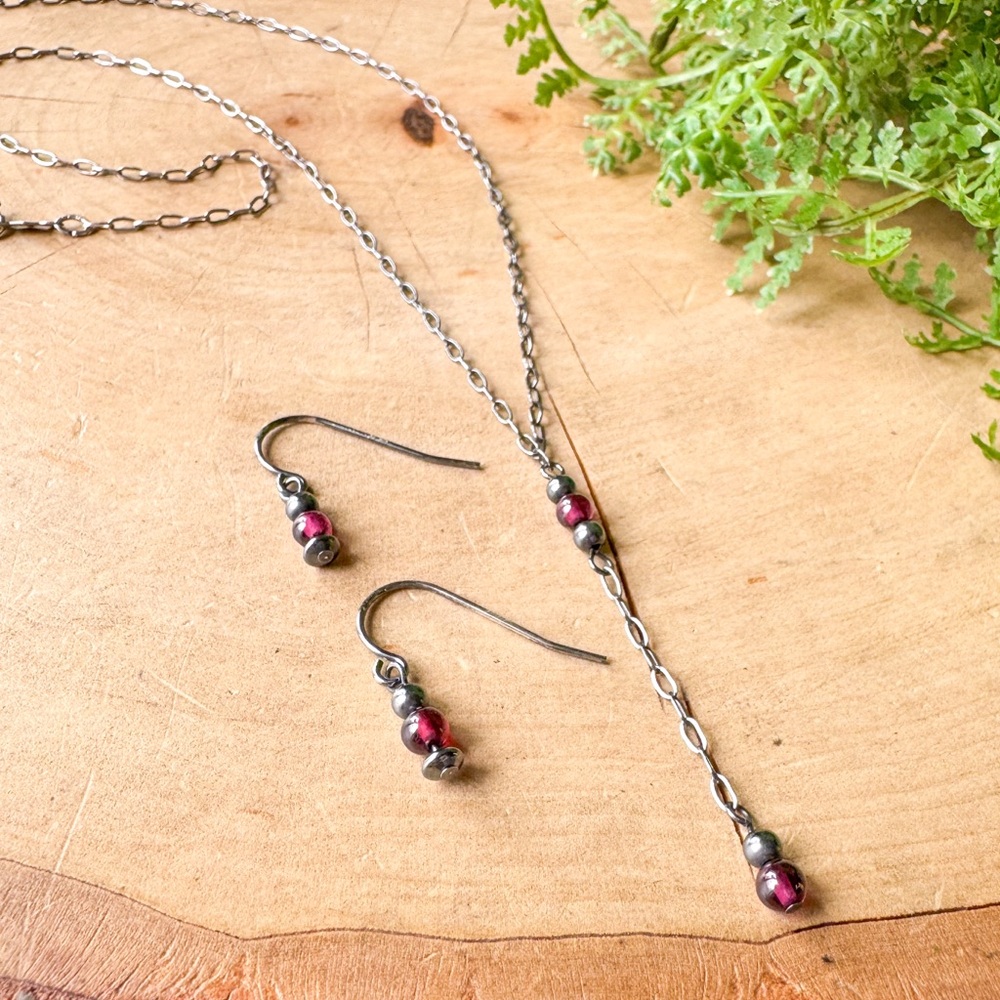 Sterling Silver 925 Purple & Black Bead Y Drop Lariat Necklace Earrings Set